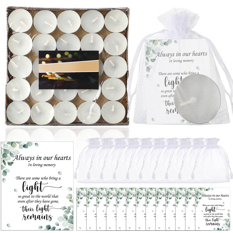 Coume 50 Set Funeral Party Favors Memorial White Candles Unscented Funeral Gifts Tealight Candles with Condolence Bereavement Cards and Organza Bags for Guest Celebration of Life Decorations (Stylish) - Image 1