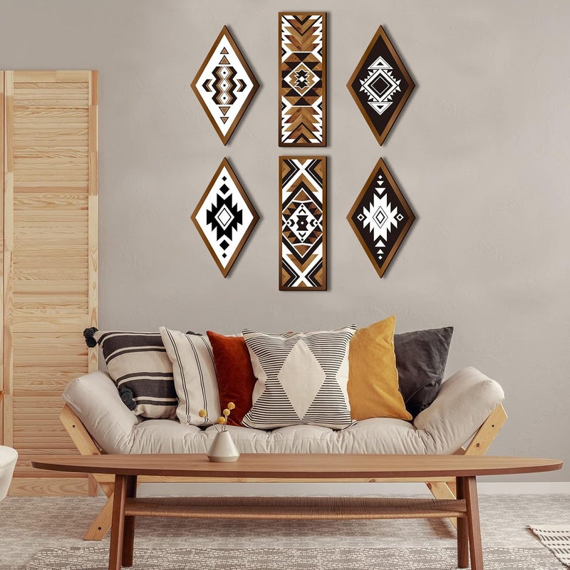 Tatuo Temp & permanent project compatible 6 Pcs Farmhouse Southwest Home Wall Decor Frame Wall Hanging Boho Modern Abstract Art Prints Wooden Decorations for Bedroom Bathroom Apartment Mexican Farmhouse Wall Decor(Rhombus, Rectangle) Various size alternatives - Image 5