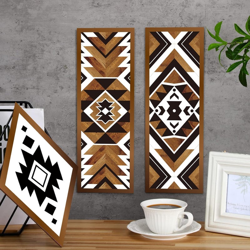 Tatuo Temp & permanent project compatible 6 Pcs Farmhouse Southwest Home Wall Decor Frame Wall Hanging Boho Modern Abstract Art Prints Wooden Decorations for Bedroom Bathroom Apartment Mexican Farmhouse Wall Decor(Rhombus, Rectangle) Various size alternatives - Image 3