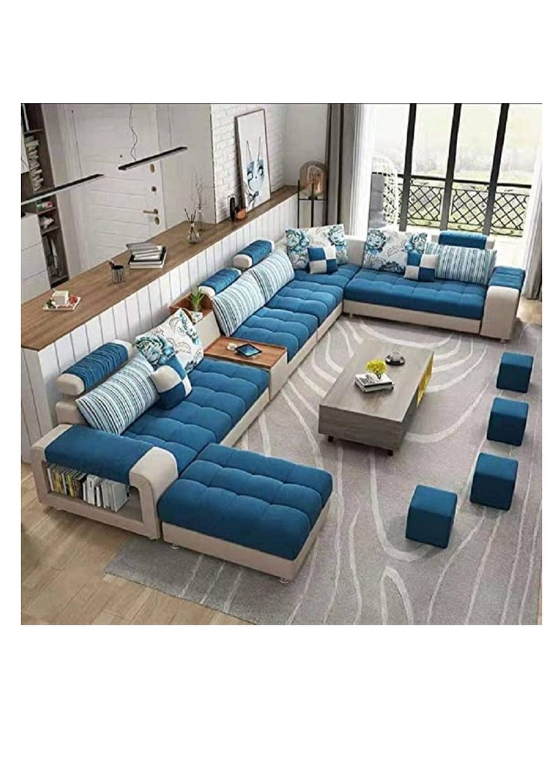 Ripple FURNITURE Living Room Fashion Fabric Combination Set Hotel Furniture Simple Leisure Sofa L Shape 7 Seaters Blue 398X90X80  - Image 1