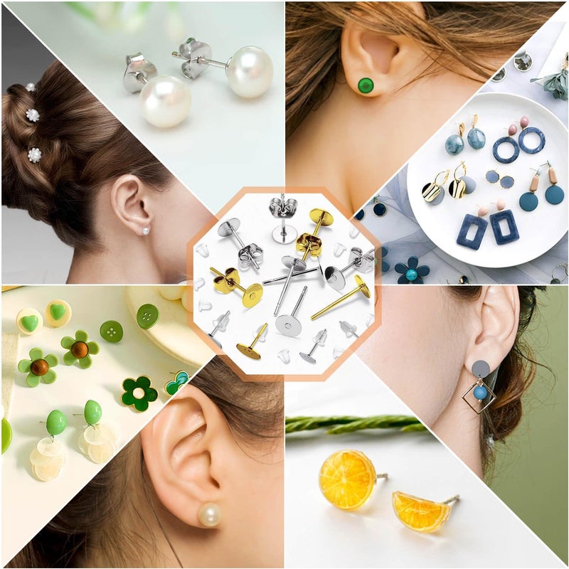 Caffox Hypoallergenic Earring Posts and Backs, 2000pcs Stud Earrings Making Kit with Ear Ring Base and Earring Backs for Leather Stud, Clay, Pearl Jewelry Making (Gold & Silver) - Image 3