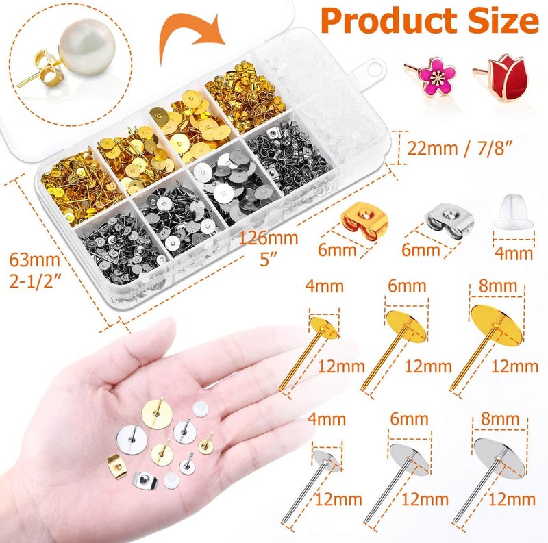 Caffox Hypoallergenic Earring Posts and Backs, 2000pcs Stud Earrings Making Kit with Ear Ring Base and Earring Backs for Leather Stud, Clay, Pearl Jewelry Making (Gold & Silver) - Image 5