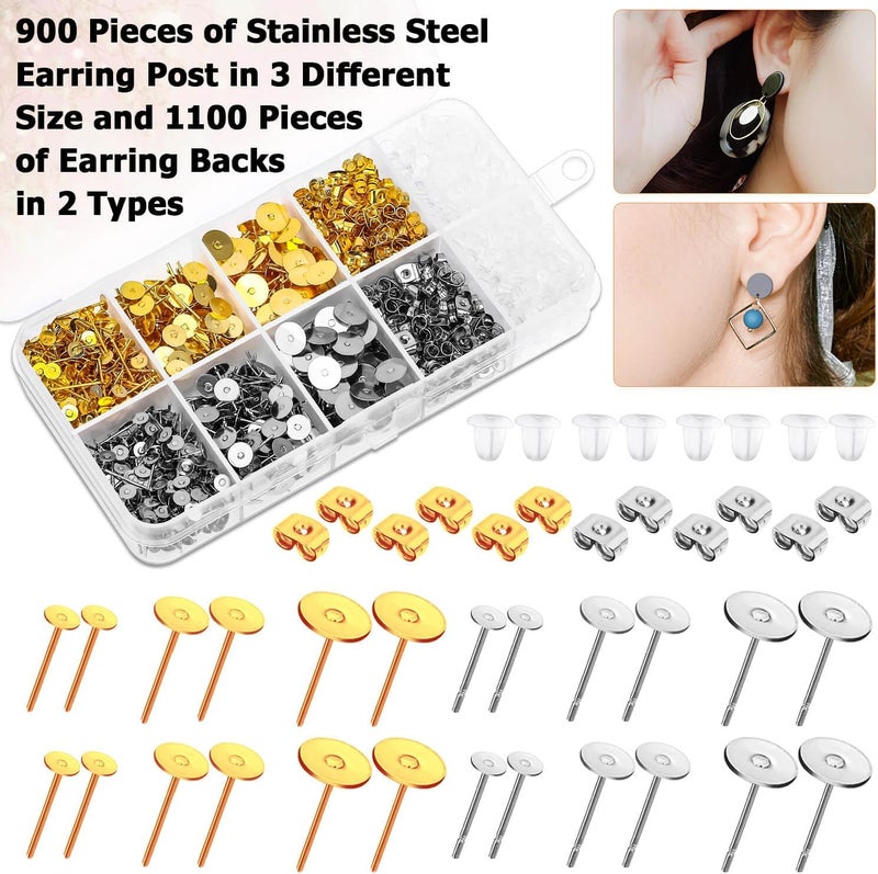 Caffox Hypoallergenic Earring Posts and Backs, 2000pcs Stud Earrings Making Kit with Ear Ring Base and Earring Backs for Leather Stud, Clay, Pearl Jewelry Making (Gold & Silver) - Image 4