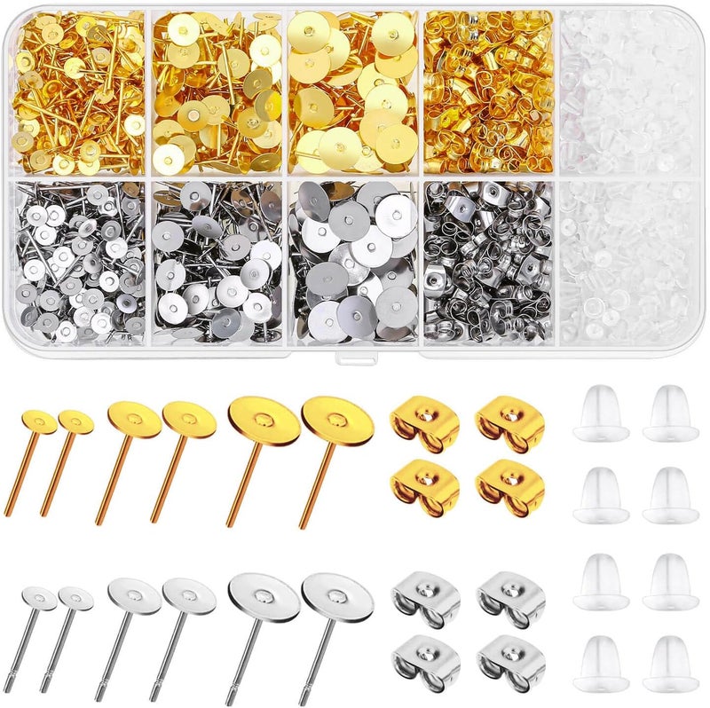 Caffox Hypoallergenic Earring Posts and Backs, 2000pcs Stud Earrings Making Kit with Ear Ring Base and Earring Backs for Leather Stud, Clay, Pearl Jewelry Making (Gold & Silver) - Image 1