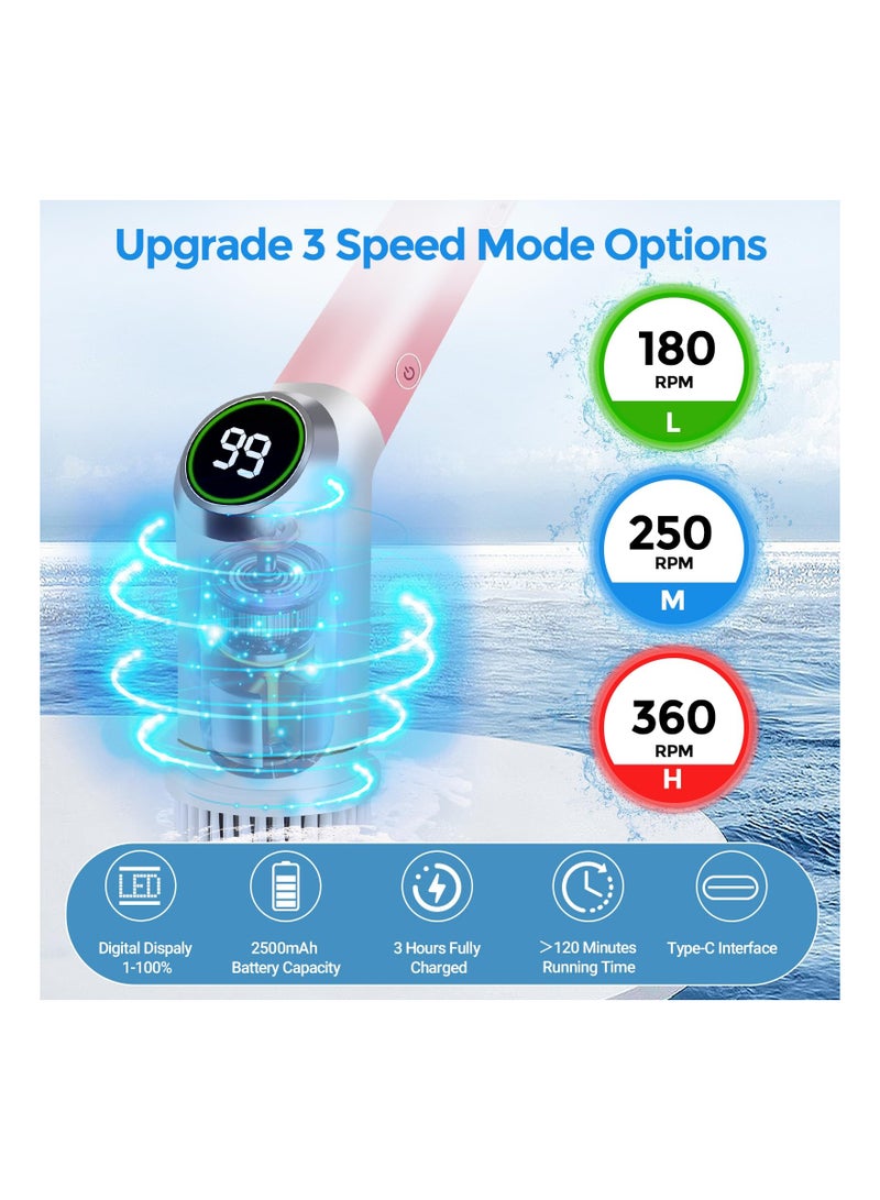 Zikra Electric Spin Scrubber, Cordless Cleaning Brush Bathroom Tile Scrubber with Adjustable Long Handle, 3 Gears/Digital Display, Rechargeable Spin Power Scrubber for Floor, Bathtub, Window (Pink) - Image 2