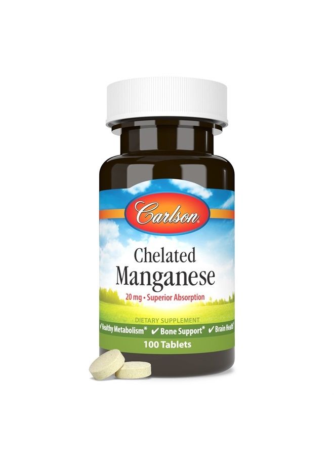 Carlson منغنيز مخلب، 20 ملغ، امتصاص فائق، عملية الأيض الصحية، دعم العظام وصحة الدماغ، 100 قرص - Image 4