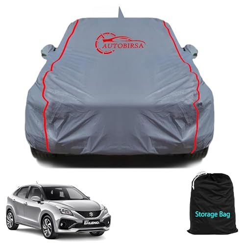 AUTOBIRSA Waterproof Car Body Cover Compatible with Maruti Baleno New with Mirror and Antenna Pocket, Triple Stitched (Heat Resistant US Grey with Red Piping) - Image 1
