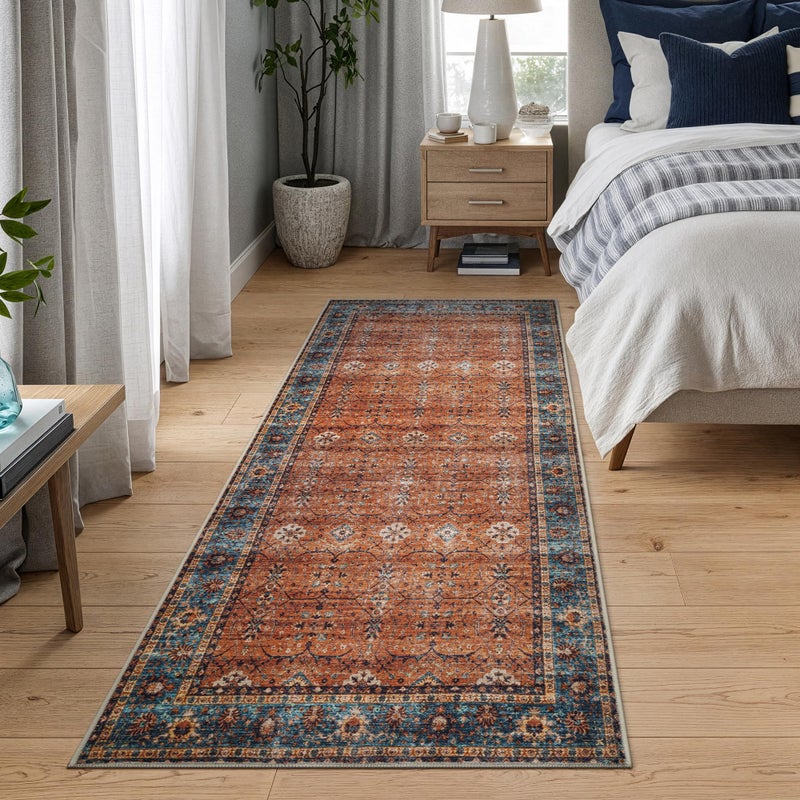 Bloom Rugs Washable Non-Slip 7 ft Runner - Orange/Teal Blue Traditional Bordered Runner for Entryway, Hallway, Bathroom, and Kitchen - Exact Size: 2.5' x 7' - Image 3