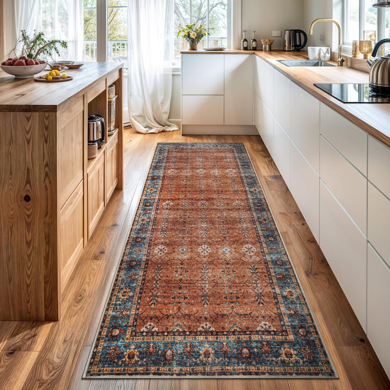 Bloom Rugs Washable Non-Slip 7 ft Runner - Orange/Teal Blue Traditional Bordered Runner for Entryway, Hallway, Bathroom, and Kitchen - Exact Size: 2.5' x 7' - Image 1