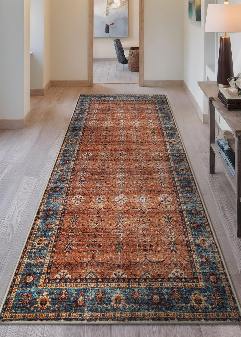 Bloom Rugs Washable Non-Slip 7 ft Runner - Orange/Teal Blue Traditional Bordered Runner for Entryway, Hallway, Bathroom, and Kitchen - Exact Size: 2.5' x 7' - Image 2