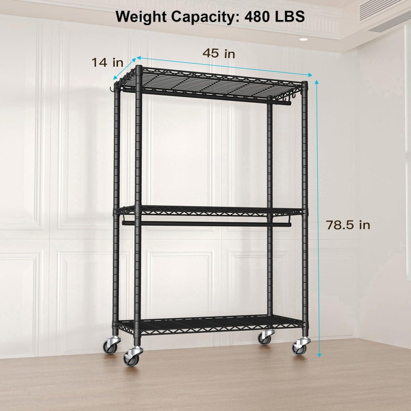 FUTASSI P3 Plus Rolling Clothes Rack, Clothing Racks for Hanging Clothes, Heavy Duty Garment Rack with Wheels, Freestanding Portable Closet Rack 45" W x 14" D x 78.5" H, Max Load 480 LBS, Black - Image 5