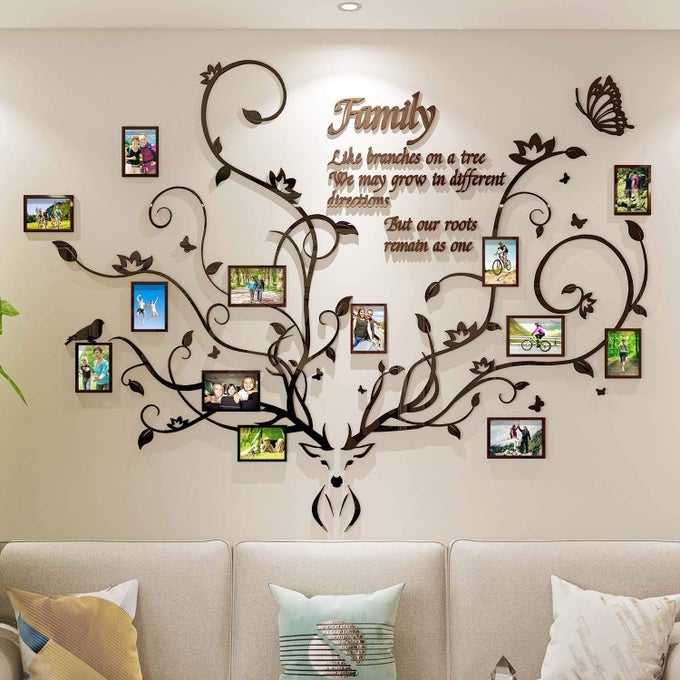 ANTLERS FAMILY TREE WALL DECOR FOR LIVING ROOM 3D REMOVABLE PICTURE FRAME COLLAGE DIY ACRYLIC STICKERS WITH DEER HEAD AND QUOTE FAMILY LIKE BRANCHES ON A TREE