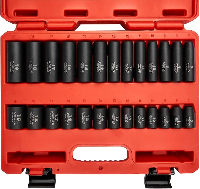 NEIKO 02433A 3/8â€ Drive Standard and Deep Metric Impact Socket Set | 26 Pieces | Metric 7mm to 19mm | Premium Cr-V Steel | 6-Point Hex Design | Corrosion Resistant Black Phosphate Coating - Image 1