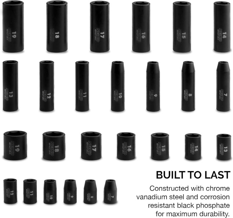 NEIKO 02433A 3/8â€ Drive Standard and Deep Metric Impact Socket Set | 26 Pieces | Metric 7mm to 19mm | Premium Cr-V Steel | 6-Point Hex Design | Corrosion Resistant Black Phosphate Coating - Image 2