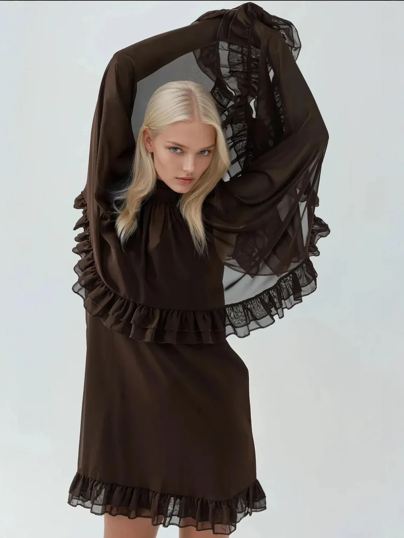 HICCUP Mocha Brown Elegant Turtleneck Mini Dress with Ruffle Detail for Women | Best Price UAE