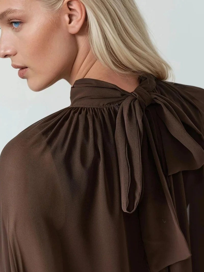 HICCUP Mocha Brown Elegant Turtleneck Mini Dress with Ruffle Detail for Women | Best Price UAE