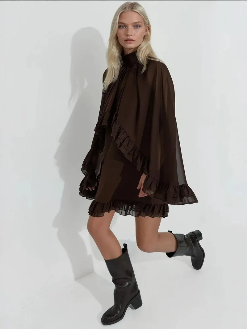 HICCUP Mocha Brown Elegant Turtleneck Mini Dress with Ruffle Detail for Women | Best Price UAE