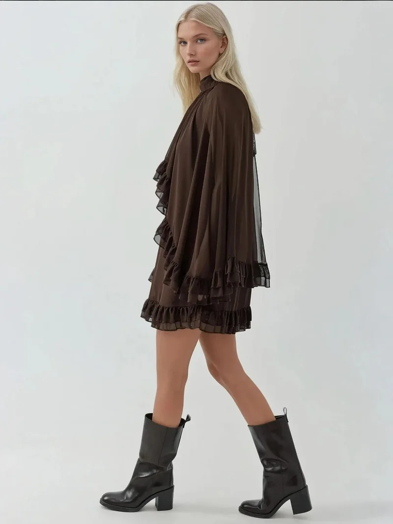 HICCUP Mocha Brown Elegant Turtleneck Mini Dress with Ruffle Detail for Women | Best Price UAE