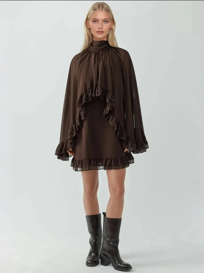 HICCUP Mocha Brown Elegant Turtleneck Mini Dress with Ruffle Detail for Women | Best Price UAE