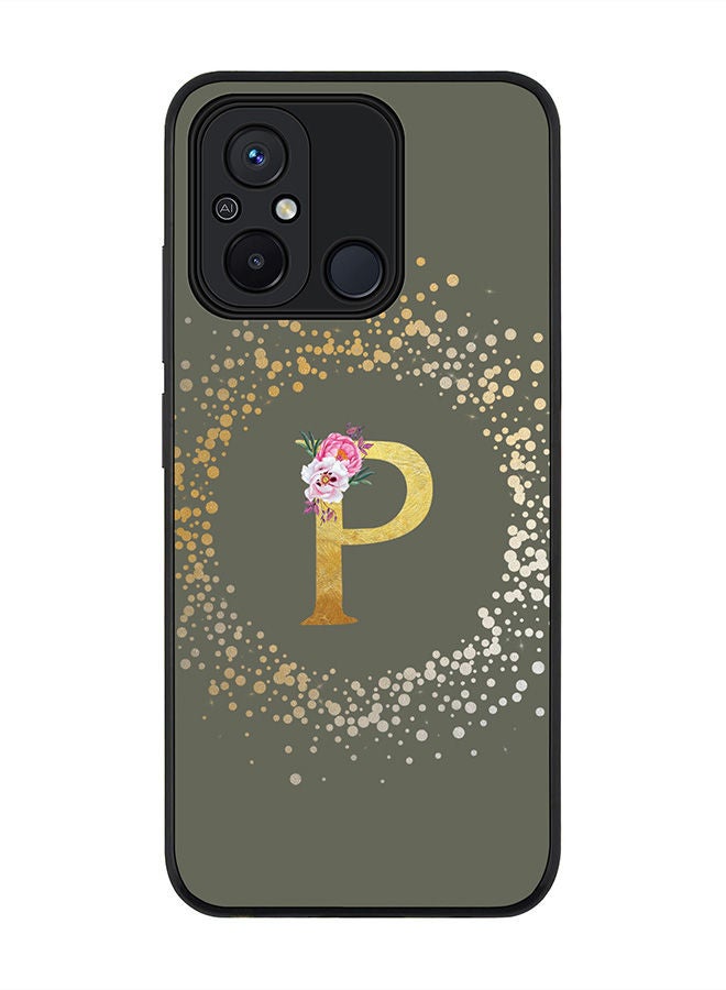 Stylizedd Rugged Black edge case for Xiaomi Redmi 12C 4G, Slim fit Soft Case Flexible Rubber Edges Anti Drop TPU Gel Thin Cover -  Custom Monogram Initial Letter Floral Pattern Alphabet - P  (Olive Green ) - Image 1