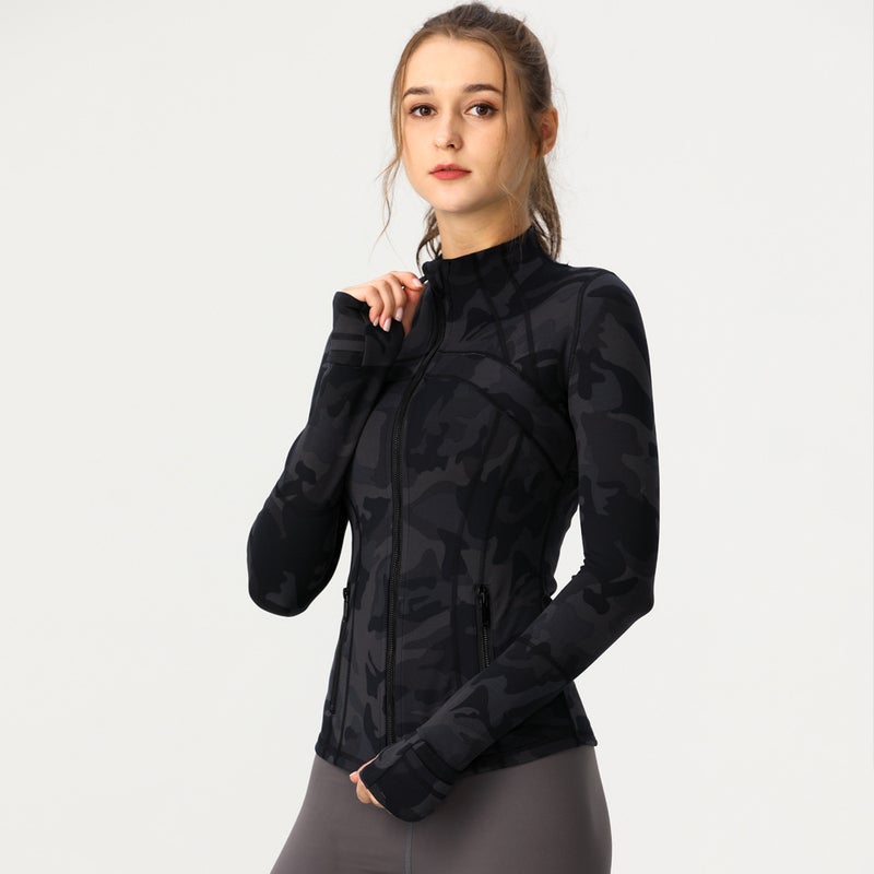 Generic Yoga Clothing European and American Camouflage Yoga Sports Jacket Womens Jin Ammonia Elastic Zipper Running Yoga Long Sleeve Top Camouflage black coat 