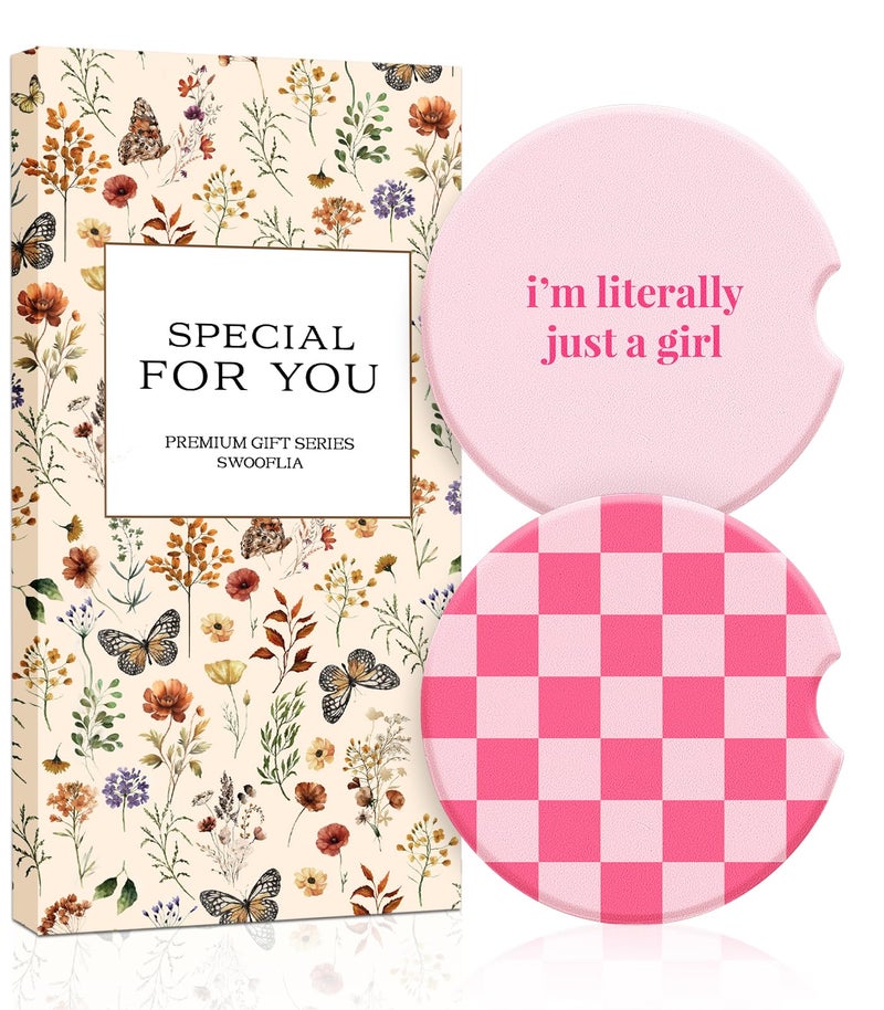 Swooflia Car Coasters for Women - Checkered Ceramic Car Cupholder Coaster Cool Absorbent Mat Coaster with Cork Base 2 Pack Automotive Cup Holder Accessories New Driver Gifts for Decor - Image 1