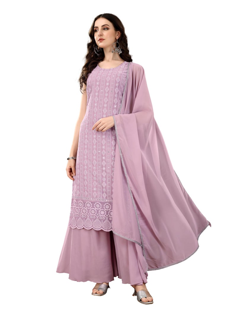 SHOPPING QUEEN Women's Georgette Embroidered Kurta Palazzo with Dupatta (A548_Light Purple_XS) - Image 1