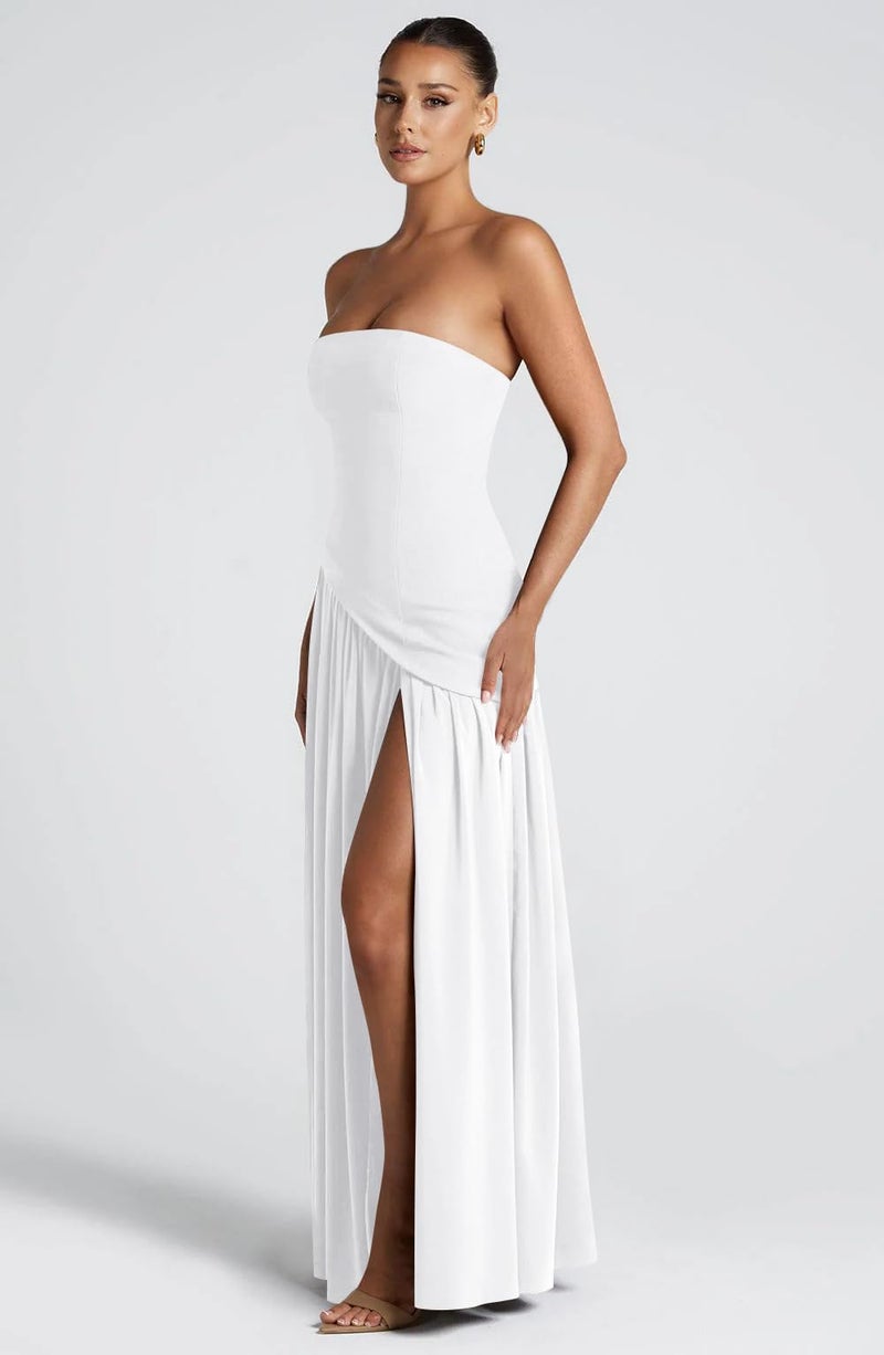 Memoriesea Women's Elegant Strapless High Split A Line Flowy Party Cocktail Maxi Dress White - Image 5