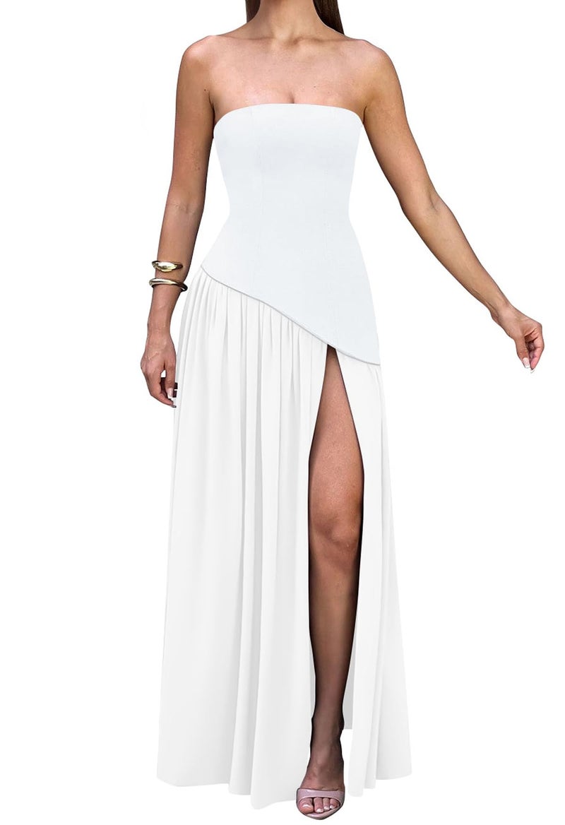 Memoriesea Women's Elegant Strapless High Split A Line Flowy Party Cocktail Maxi Dress White - Image 1