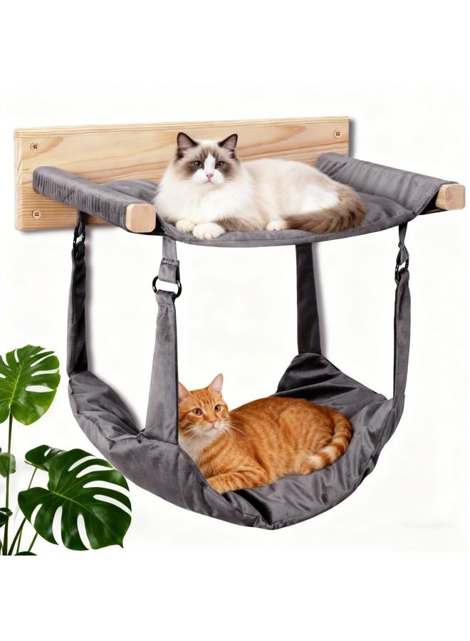 JSPYFITS Wooden Cat Wall Hammock, 18.9 x 12.6 Inch Double Layer Cat Furniture Hammock, Large Removable Multi-Function Cats Bed for Sleep/Play/Climb/Lounge Easy DIY Installation(Grey) - Image 1