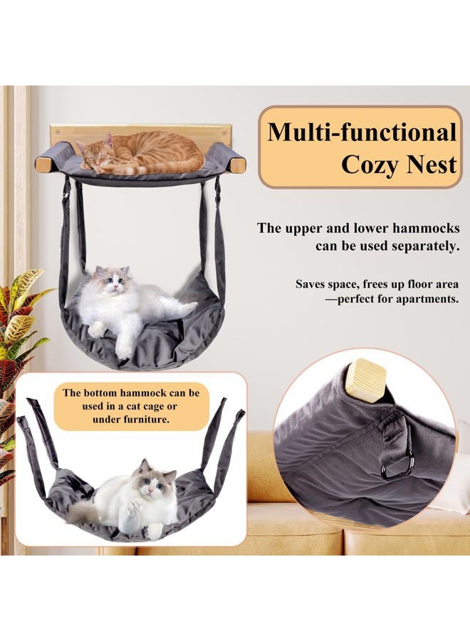 JSPYFITS Wooden Cat Wall Hammock, 18.9 x 12.6 Inch Double Layer Cat Furniture Hammock, Large Removable Multi-Function Cats Bed for Sleep/Play/Climb/Lounge Easy DIY Installation(Grey) - Image 3