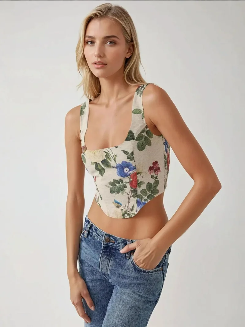 هيكاب بلوزة قصيرة بياقة مربعة وطبعة زهور