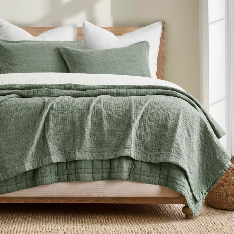 EVERGRACEHOME Stonewashed Cotton Quilt Set King Size Ultra Soft Oversized Bedspread Coverlet Set Lightweight Crinkle Box Stitch Bedding Sets for All Season with 2 Shams Olive Green