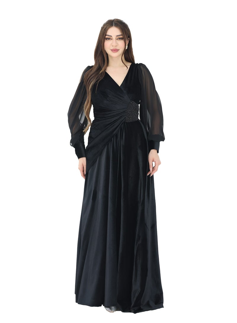 Modern Design An elegant navy blue velvet dress made of elegant navy blue velvet material, with long chiffon sleeves and side hand embroidery and a wrap bodice, an elegant and luxurious piece. It combines delicacy - Image 1