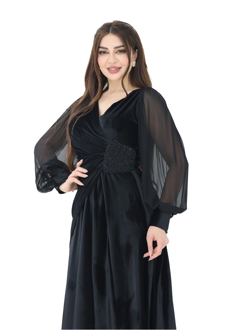 Modern Design An elegant navy blue velvet dress made of elegant navy blue velvet material, with long chiffon sleeves and side hand embroidery and a wrap bodice, an elegant and luxurious piece. It combines delicacy - Image 3