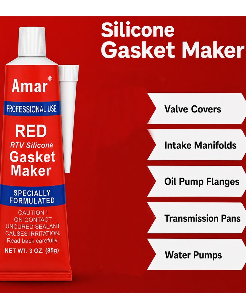ديفاونز 3 عبوات من معجون صنع الحشوات (Gasket Maker) سيليكون RTV من Defaons (Amar) - لون أحمر، يتحمل درجات الحرارة العالية - مناسب لأغطية صمامات المحرك، ومشعبات السحب، وحواف مضخات الزيت، وأحواض ناقل الحركة، ومضخات المياه - لاصق ومانع تسرب بديل للحشوات التقليدية في السيارات. - Image 2