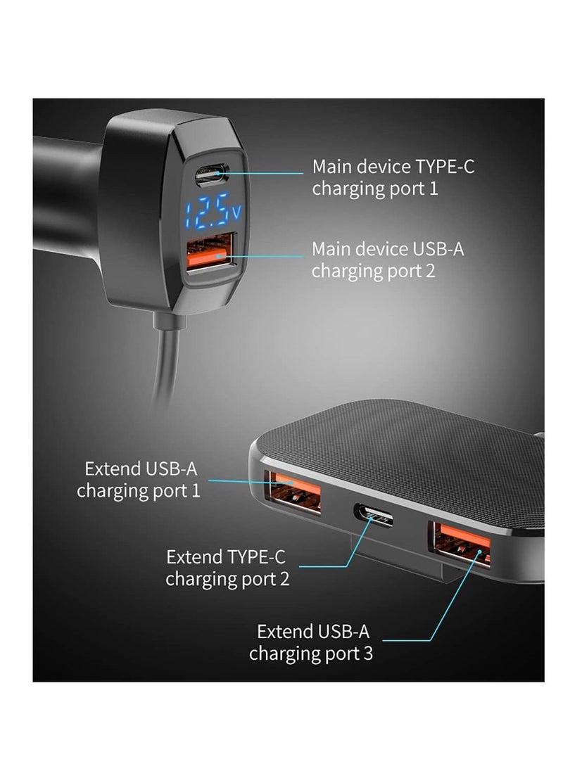 Y&D USB C Car Charger, 5 Multi Ports Cigarette Lighter Adapter 31W Fast Charging with 5FT Cable and Voltage Detection for Back Seat Charging,PD3.0&QC3.0 Type other Devices  - Image 3