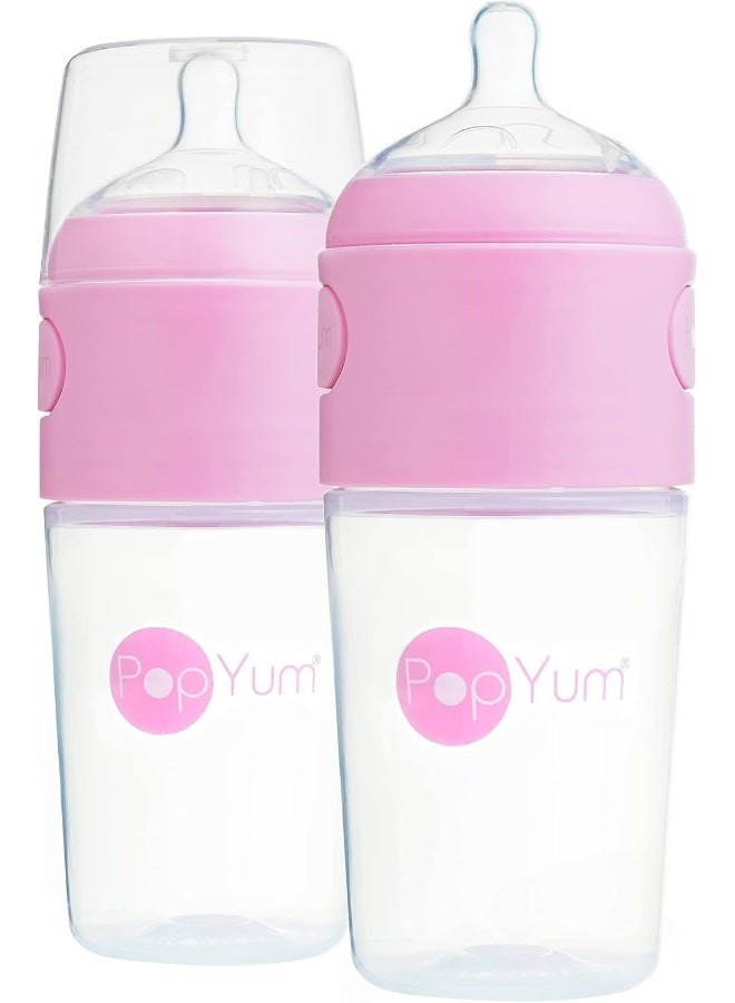 PopYum زجاجات حليب الأطفال بوب يام 9 أونص وردية مضادة للمغص، 2-pack مع تدفق متوسط #2، 260 مل، خالية من BPA، قفل طبيعي - Image 1