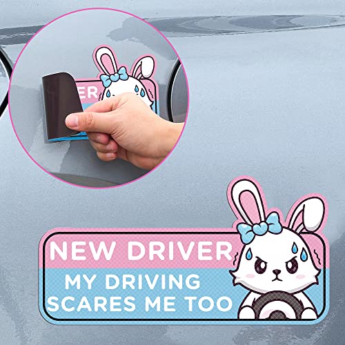 W1cwey Student Driver Car Magnet - 4pcs Cartoon Rabbit Student Driver Car Magnet Christmas Winter Xmas New Year Gift Cute New Driver Safety Sign Car Reflective Reusable Bumper(Nervous Rabbit Patterns) - Image 3