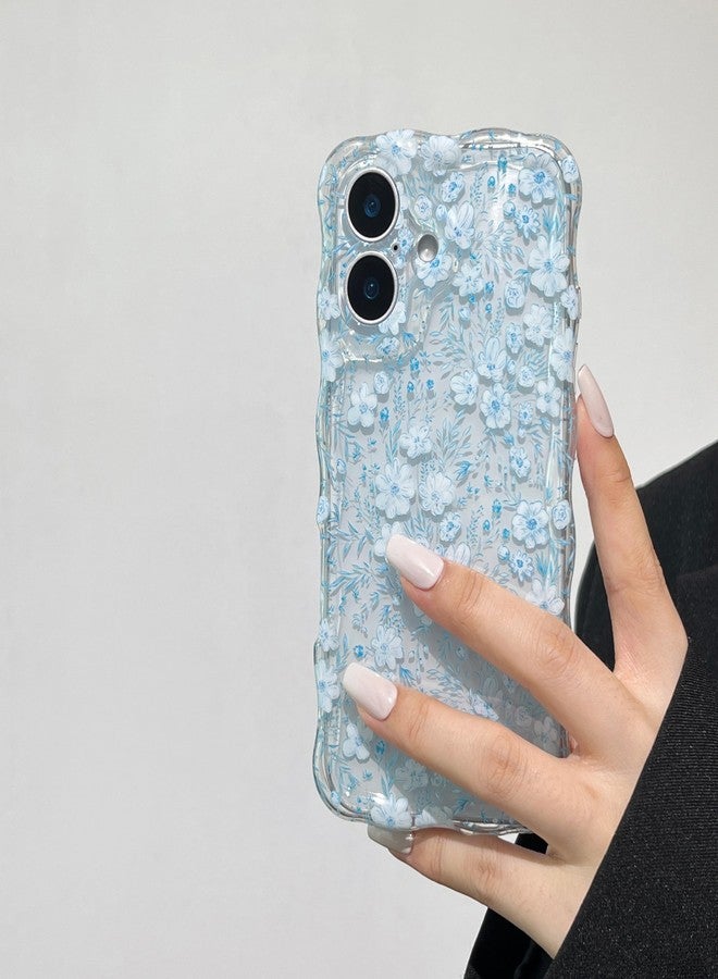 RALEAVO جراب RALEAVO مزين بالزهور لهاتف iPhone 17، جراب شفاف مزين بالزهور بتصميم مموج لطيف، غطاء مموج للبنات والسيدات، غطاء واقٍ ناعم ونحيف من مادة TPU مقاوم للصدمات لهاتف iPhone 17 - زهرة زرقاء - Image 1