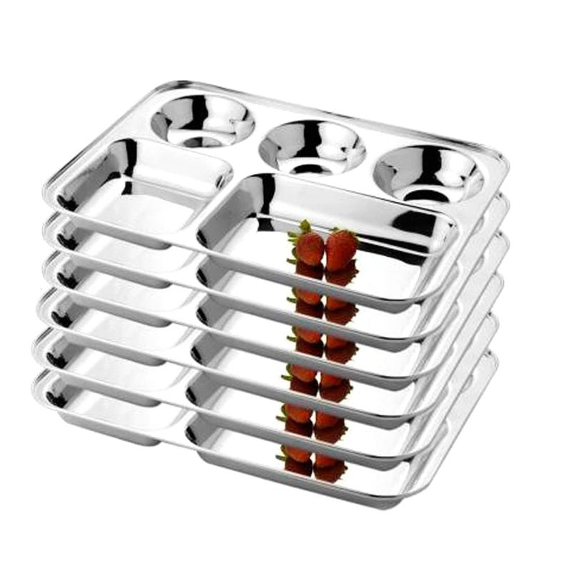 KROWN® Stainless Steel Light Weight 26 Gauge Partition Plate 5 in1/Bhojan Thali/Compartment Plate/Steel Thali/Dinner Plate Set of 6 - Image 1