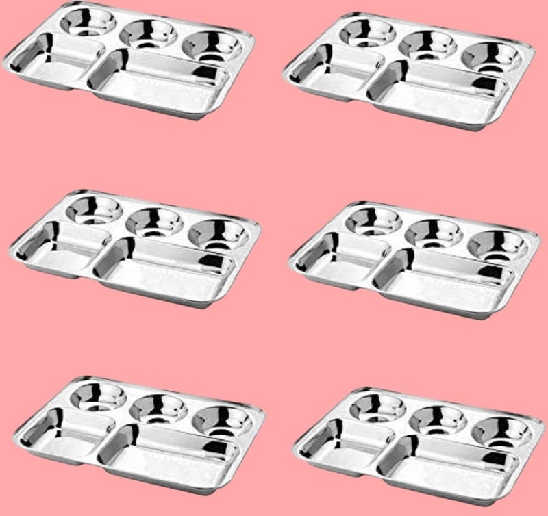 KROWN® Stainless Steel Light Weight 26 Gauge Partition Plate 5 in1/Bhojan Thali/Compartment Plate/Steel Thali/Dinner Plate Set of 6 - Image 2
