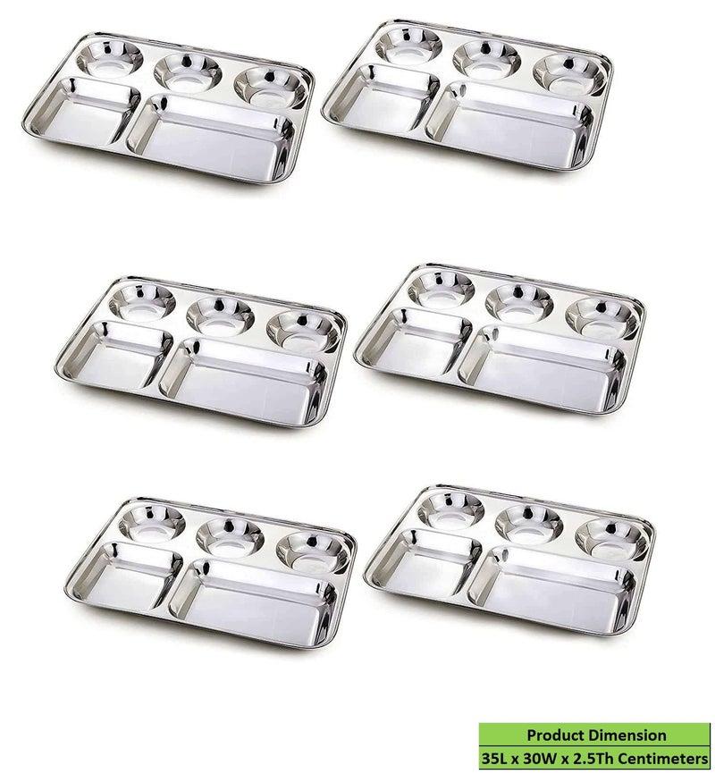 KROWN® Stainless Steel Light Weight 26 Gauge Partition Plate 5 in1/Bhojan Thali/Compartment Plate/Steel Thali/Dinner Plate Set of 6 - Image 4