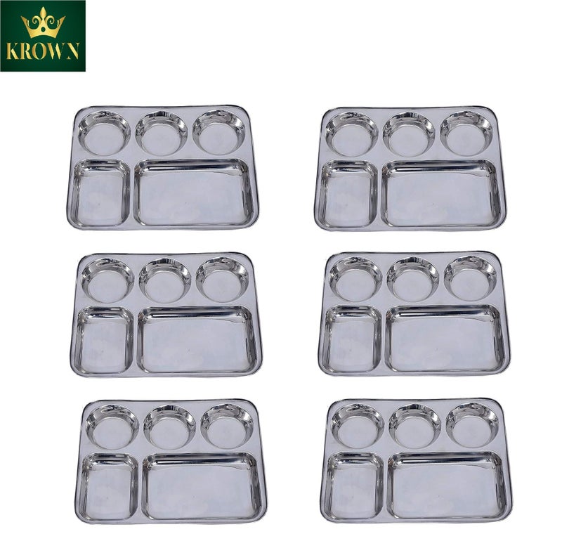 KROWN® Stainless Steel Light Weight 26 Gauge Partition Plate 5 in1/Bhojan Thali/Compartment Plate/Steel Thali/Dinner Plate Set of 6 - Image 3