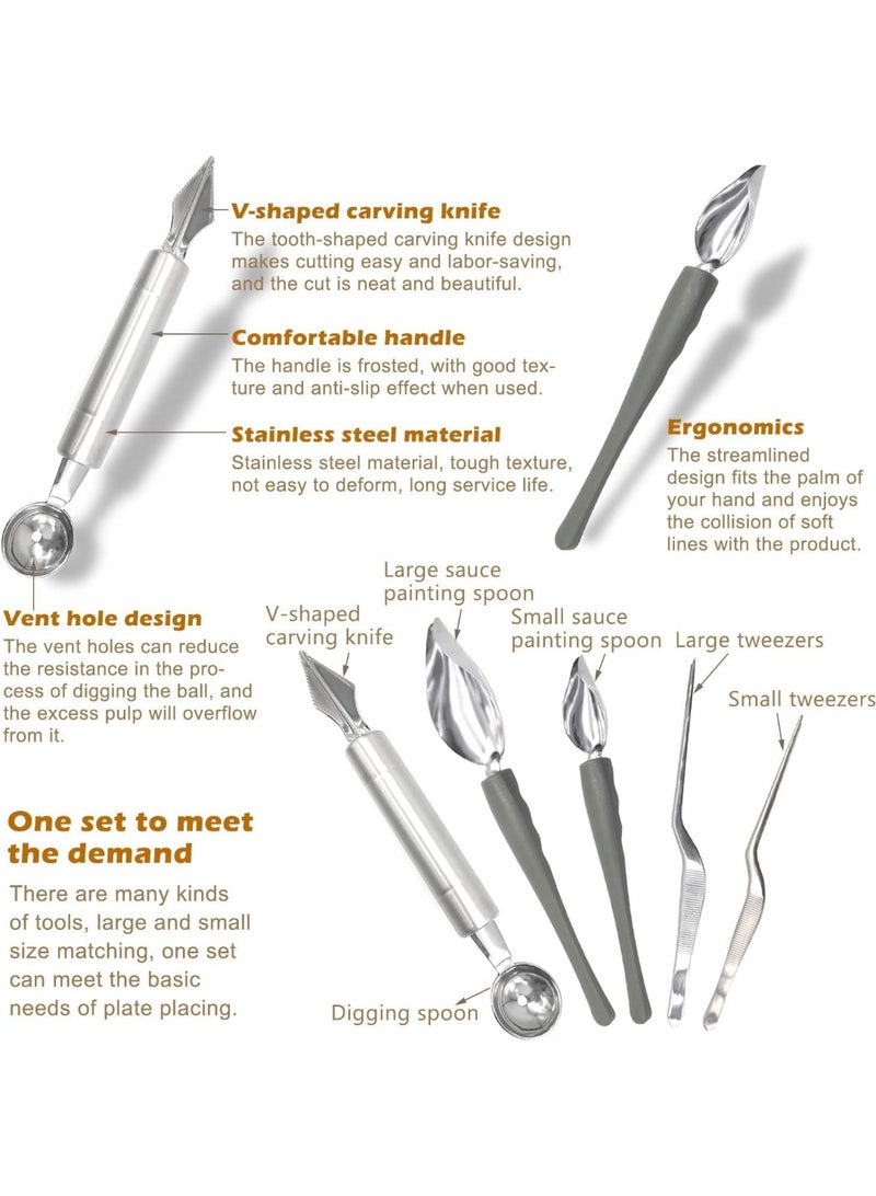 Culinary Drawing Decorating Spoon Set, Professional Chef Drizzle Spoons, Cooking Tweezers u0026 Melon Baller for Plate Presentation, Stainless Steel Kitchen Tools for Gourmet Food Art (5-Piece) - Image 2
