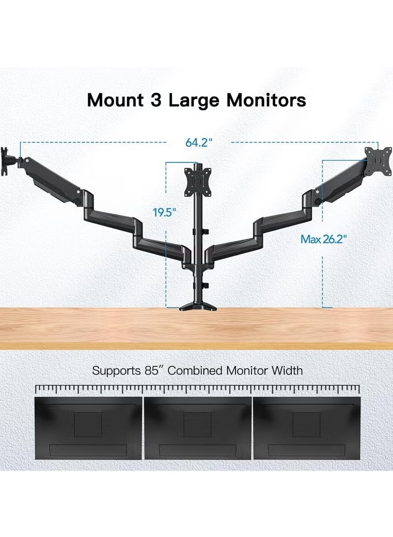 RaboS "Triple Monitor Mount for 17-27 Inch Screens – Height Adjustable Monitor Arm, Holds 8kg per Arm, Black" - Image 2