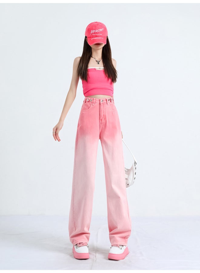 PINK Wide-leg Jeans For Women Summer High-waist Slim Narrow Version Gradient Color Straight-leg Floor-length Pants Thin And Versatile - Image 2