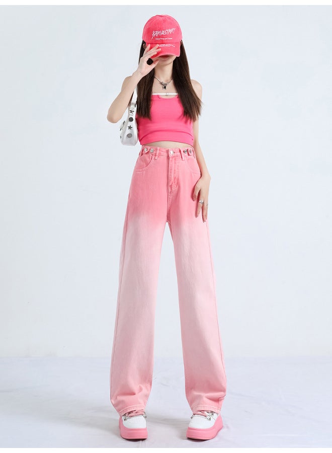 PINK Wide-leg Jeans For Women Summer High-waist Slim Narrow Version Gradient Color Straight-leg Floor-length Pants Thin And Versatile - Image 3