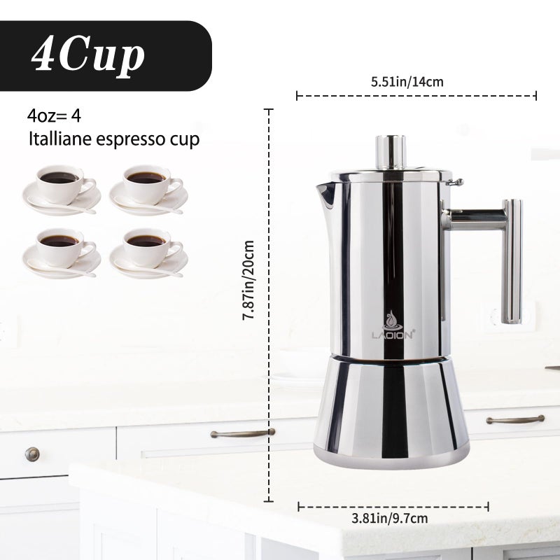 LAOION Stovetop Espresso Maker, 4Cup 6.8 oz Moka Pot, Stainless Steel Cuban and Italian Coffee Maker for Cafetera Cubana, Greca De Cafe Induction Stovetop Compatible, Coffee Gift for Home Travel - Image 2