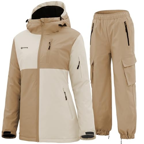 GEMYSE Women's Ski Snow Jackets and Pants Set Windproof Waterproof Snowsuit Warm Winter Snowboarding Insulated Coat(Apricot Illusion White,X-Large) - Image 1